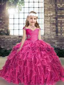 Affordable Fuchsia Organza Lace Up Straps Sleeveless Floor Length Kids Formal Wear Beading and Ruffles