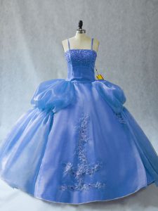 Fashion Blue Organza Lace Up Sweet 16 Dress Sleeveless Floor Length Appliques