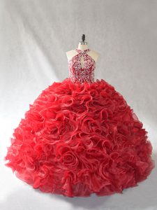 Red Halter Top Lace Up Beading and Ruffles 15 Quinceanera Dress Brush Train Sleeveless