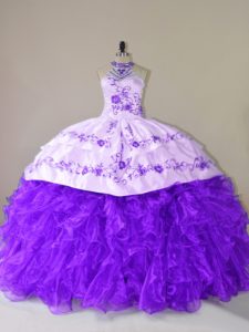 Unique Court Train Ball Gowns Sweet 16 Dress Purple Halter Top Organza Sleeveless Lace Up