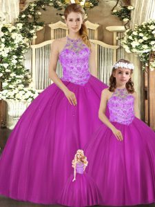 Ideal Sleeveless Floor Length Beading Lace Up Quince Ball Gowns with Fuchsia