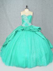 Turquoise Satin Lace Up Sweetheart Sleeveless Quinceanera Dresses Court Train Embroidery