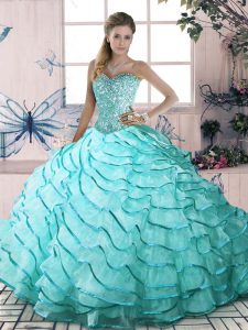 Suitable Aqua Blue Quince Ball Gowns Sweetheart Sleeveless Brush Train Lace Up