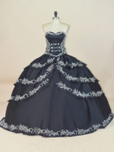Cute Floor Length Lace Up Ball Gown Prom Dress Black for Sweet 16 and Quinceanera with Embroidery