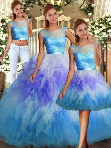 Multi-color Sleeveless Lace and Ruffles Floor Length 15 Quinceanera Dress