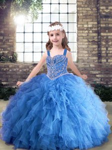 Blue Sleeveless Beading and Ruffles Floor Length Little Girls Pageant Gowns