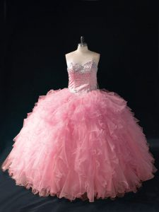 Pink Ball Gowns Tulle Sweetheart Sleeveless Beading and Ruffles Floor Length Lace Up Ball Gown Prom Dress
