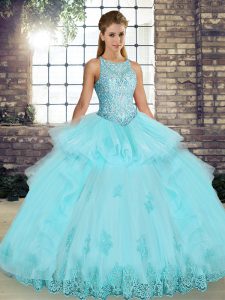 Scoop Sleeveless Sweet 16 Quinceanera Dress Floor Length Lace and Embroidery and Ruffles Aqua Blue Tulle