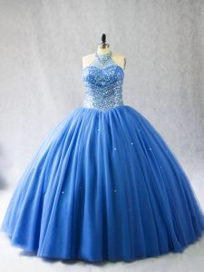 Blue Halter Top Lace Up Beading Sweet 16 Quinceanera Dress Brush Train Sleeveless