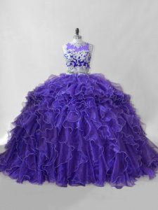 Purple Sleeveless Organza Brush Train Zipper Quince Ball Gowns for Sweet 16 and Quinceanera