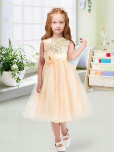 Champagne Zipper Scoop Sequins and Hand Made Flower Kids Formal Wear Organza Sleeveless