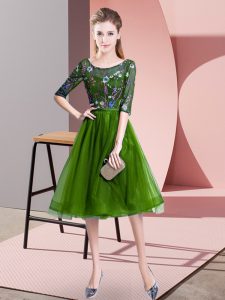 Fancy Knee Length Green Court Dresses for Sweet 16 Scoop Half Sleeves Lace Up
