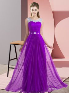 Fantastic Sleeveless Chiffon Floor Length Lace Up Dama Dress in Purple with Beading