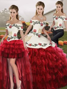 Wine Red Off The Shoulder Neckline Embroidery and Ruffled Layers 15th Birthday Dress Sleeveless Lace Up