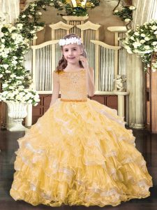 Exquisite Sleeveless Zipper Floor Length Beading and Ruffled Layers Kids Pageant Dress
