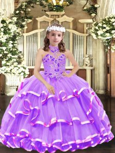 Organza High-neck Sleeveless Lace Up Appliques and Ruffled Layers Child Pageant Dress in Lavender