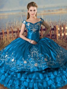 Hot Selling Satin and Organza Off The Shoulder Sleeveless Lace Up Embroidery and Ruffles Quinceanera Gowns in Teal