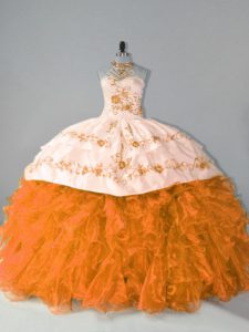 Best Selling Organza Halter Top Sleeveless Court Train Lace Up Embroidery and Ruffles Quince Ball Gowns in Orange