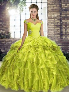 Nice Yellow Green Sleeveless Organza Brush Train Lace Up Quinceanera Dress for Military Ball and Sweet 16 and Quinceanera