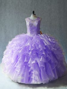 Lavender Ball Gowns Scoop Sleeveless Organza Floor Length Lace Up Beading and Ruffles Vestidos de Quinceanera