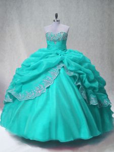 Simple Sleeveless Organza Floor Length Lace Up Sweet 16 Dresses in Aqua Blue with Beading and Appliques