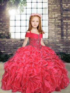 Floor Length Red Child Pageant Dress Organza Sleeveless Beading and Ruffles