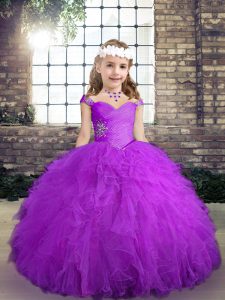 Purple Straps Lace Up Beading and Ruffles Pageant Dress for Teens Sleeveless