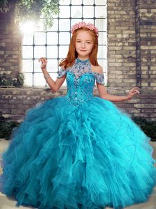 Aqua Blue Ball Gowns Tulle Halter Top Sleeveless Beading and Ruffles Floor Length Lace Up Girls Pageant Dresses