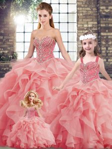 Fantastic Watermelon Red Ball Gowns Beading and Ruffles Quince Ball Gowns Lace Up Tulle Sleeveless