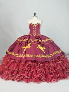 Custom Designed Burgundy Satin and Organza Lace Up 15th Birthday Dress Sleeveless Brush Train Embroidery and Ruffled Layers