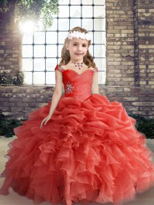Delicate Coral Red Child Pageant Dress Party and Wedding Party with Beading and Ruffles and Pick Ups Straps Sleeveless Lace Up