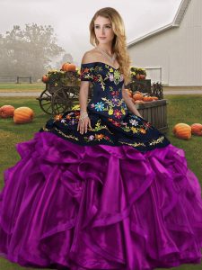 Black And Purple Sweet 16 Dresses Military Ball and Sweet 16 and Quinceanera with Embroidery and Ruffles Off The Shoulder Sleeveless Lace Up