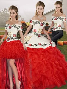White And Red Organza Lace Up Quinceanera Dresses Sleeveless Floor Length Embroidery and Ruffles