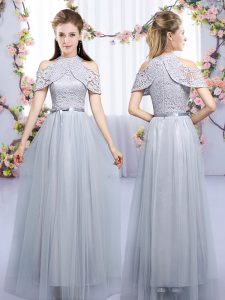 Customized Grey Sleeveless Floor Length Lace and Belt Zipper Vestidos de Damas