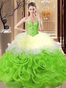 Amazing Multi-color Lace Up Sweetheart Beading and Ruffles Vestidos de Quinceanera Fabric With Rolling Flowers Sleeveless