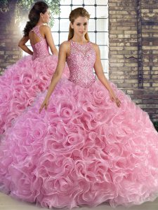 Fabric With Rolling Flowers Sleeveless Floor Length Quinceanera Gown and Beading