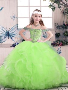 Sleeveless Tulle Floor Length Lace Up Custom Made Pageant Dress in with Beading and Ruffles