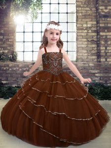 Deluxe Brown Tulle Lace Up Straps Sleeveless Floor Length Little Girls Pageant Dress Beading and Ruffled Layers