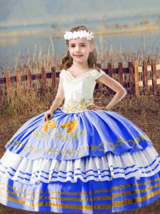 Most Popular Blue Sleeveless Floor Length Embroidery Lace Up Child Pageant Dress