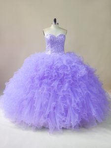 Floor Length Lace Up Sweet 16 Quinceanera Dress Lavender for Sweet 16 and Quinceanera with Beading and Ruffles