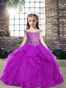 Sleeveless Tulle Floor Length Lace Up Kids Pageant Dress in Purple with Beading and Ruffles