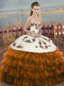Brown Organza Lace Up Sweetheart Sleeveless Floor Length Quinceanera Dress Embroidery and Ruffled Layers and Bowknot
