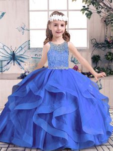 Blue Tulle Lace Up Little Girls Pageant Gowns Sleeveless Floor Length Beading and Ruffles