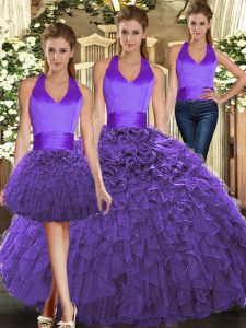 Noble Purple Quinceanera Dresses Sweet 16 and Quinceanera with Ruffles Halter Top Sleeveless Lace Up