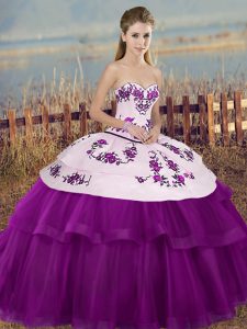 Elegant Ball Gowns Sweet 16 Dresses White And Purple Sweetheart Tulle Sleeveless Floor Length Lace Up