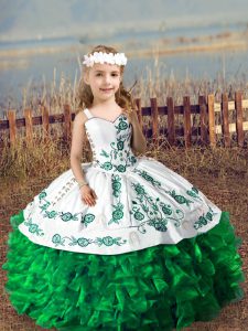 Custom Designed Sleeveless Organza Floor Length Lace Up Little Girls Pageant Dress in Green with Embroidery and Ruffles