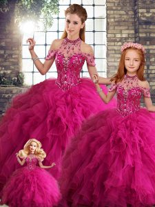 Fuchsia Ball Gowns Tulle Halter Top Sleeveless Beading and Ruffles Floor Length Lace Up Ball Gown Prom Dress