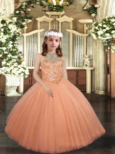 Fancy Peach Lace Up Halter Top Beading Little Girls Pageant Dress Wholesale Tulle Sleeveless