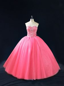 Unique Hot Pink Sleeveless Beading Floor Length Quinceanera Dresses