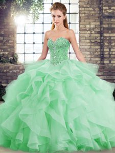Green Tulle Lace Up 15th Birthday Dress Sleeveless Brush Train Beading and Ruffles